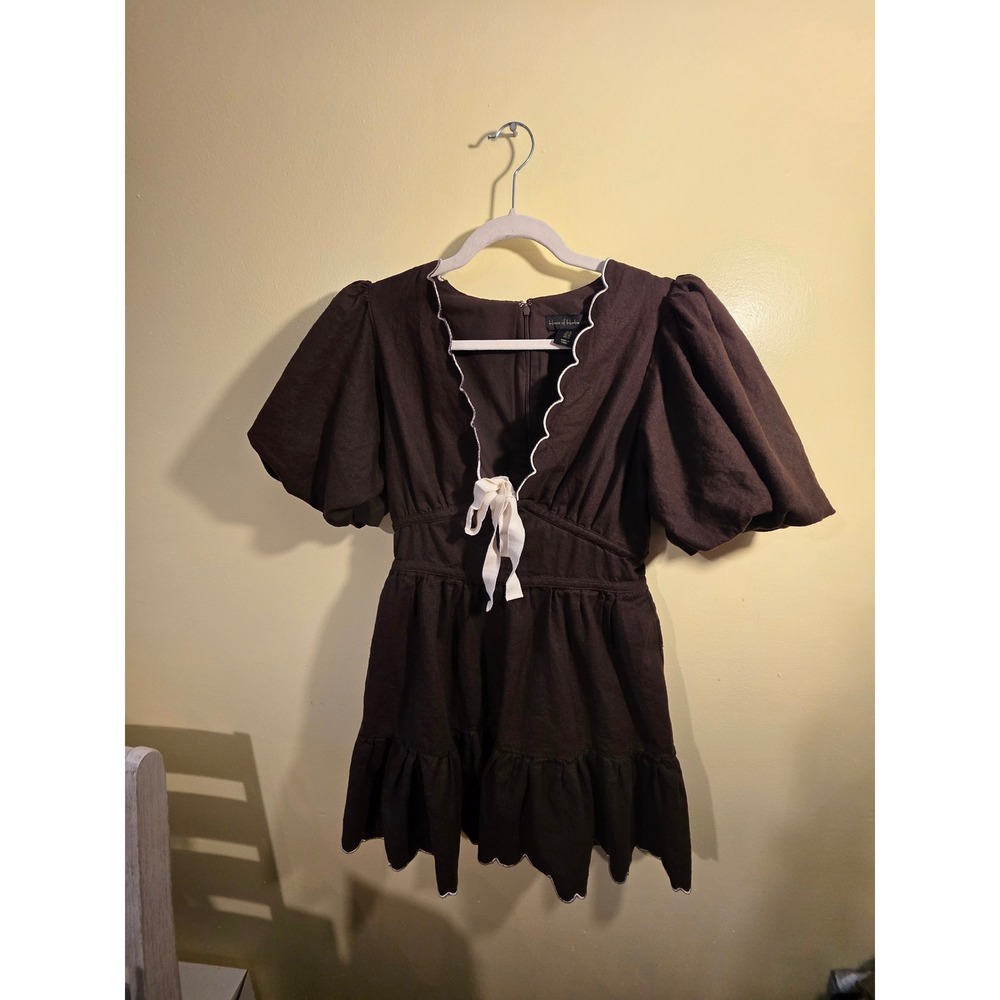 House of Harlow 1960 Brown Linen Puff Sleeve Scalloped Mini Dress Size 8